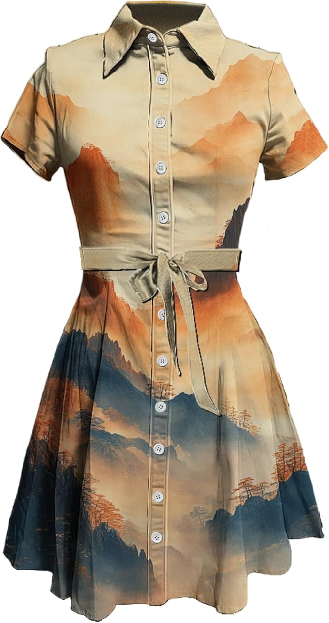 MARSVOVO Japanese Art Shirt Dresses for Women Short Sleeve Ruffle Button Down Tie Waist Trendy Elegant Midi Dress