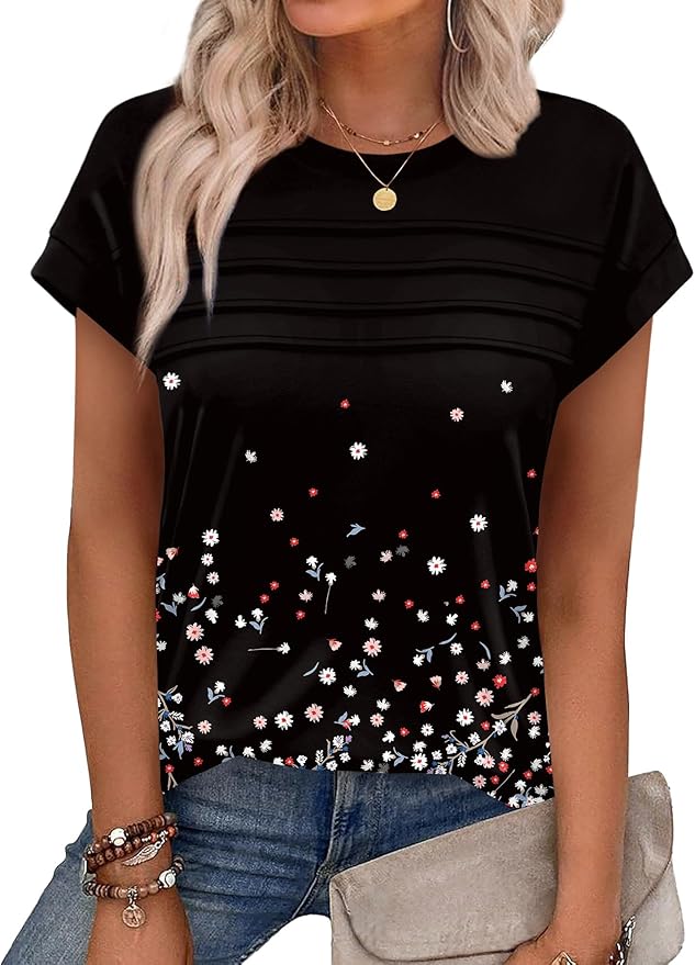 WEESO Womens Summer Tops Trendy 2026 Cap Sleeve T Shirts Crew Neck Pleated Front Beach Vacation Clothes Fashion
