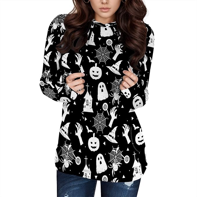 domirica Halloween Hooded Sweatshirt Long Sleeve Pocket Trendy Pumpkin Skull Sweatshirt Halloween Costumes For Holiday Party