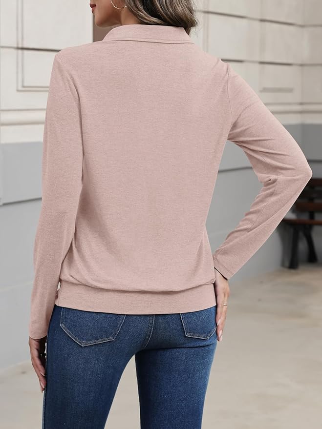 Womens Polo Shirts Long Sleeve Banded Bottom Tops Business Casual Tops Collared V Neck Blouses