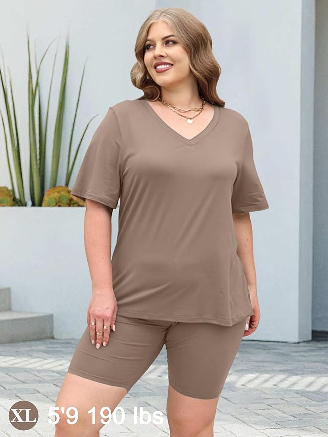 AGSEEM Two Piece Outfits For Women Summer V Neck T-Shirt Tops Biker Shorts Workout Sports Tracksuit