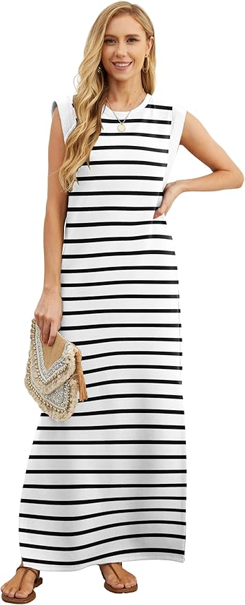 GRECERELLE 2026 Women Year-Round Casual Round Neck Loose Split Wrinkle-Free Long Maxi Vacation Dress with Pockets (XXS-4XL)