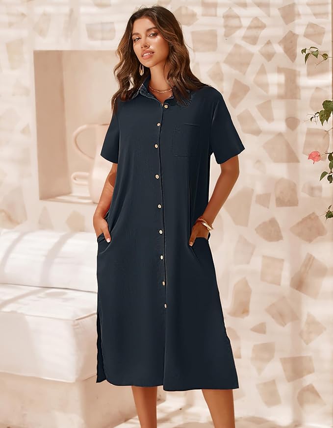 Zeagoo Women Dresses Summer Casual Short Sleeve Button Down Shirt Dresses 2025 Beach Cover Up with Pockets
