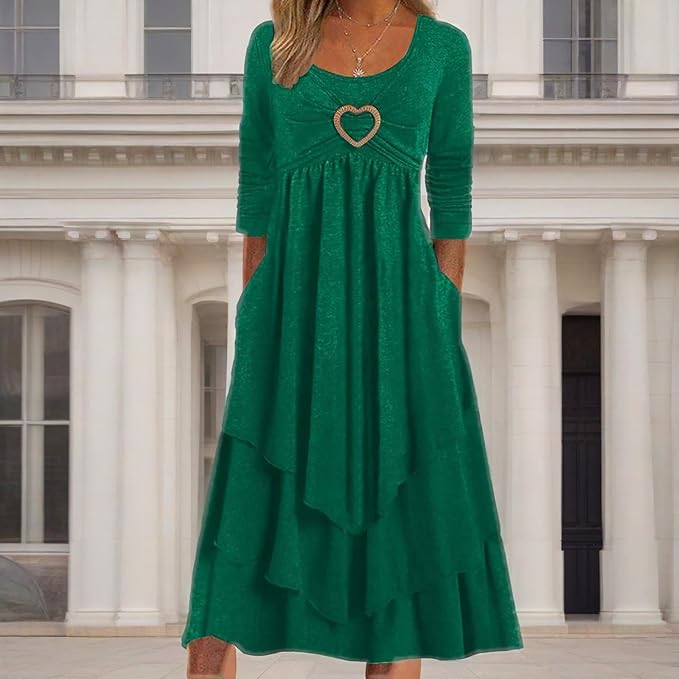 Winter Dresses for Women Wedding Guests Casual Cute Heart Long Sleeve Tiered Maxi Dress with Pockets Plus Size