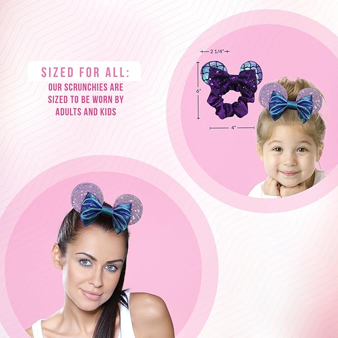 Styla Hair 2pk Mouse Ear Scrunchies for Kids Velvet Hair Bow Scrunchies for Women - Sparkle Sequins Mouse Hair Bands for Pony Tail Minnie Ears (Purple Mermaid)