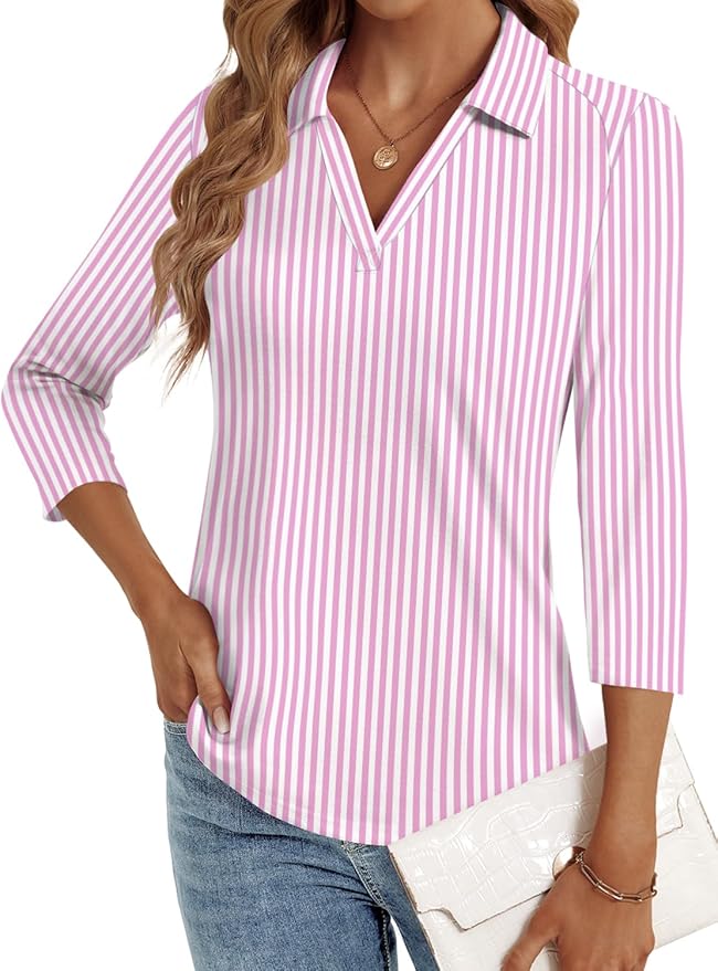 3/4 Length Sleeve Womens Tops Dressy Casual V Neck Polo Shirts Business Work Blouses 2025 Trendy Tunic Top