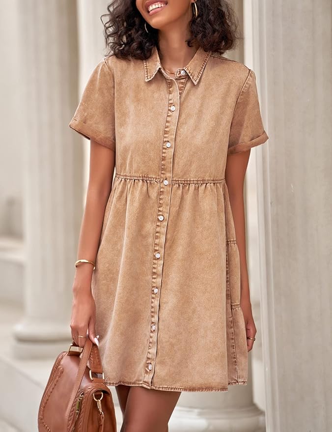LookbookStore Women's Short Sleeve Button Down Flowy Tiered Babydoll Denim Dress