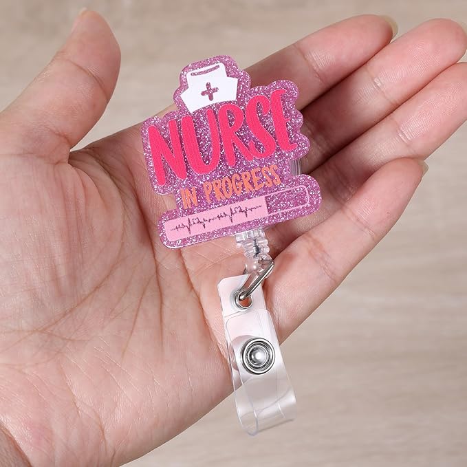 Nurse in Progress Funny Badge Reel, Pink Retractable ID Card Badge Holder, Name Tag Work Badge Clip for ICU Night Shift RN LPN CNA MA ER Nursing Student OB/GYN L&D Doctor, Cute Nurse Gifts