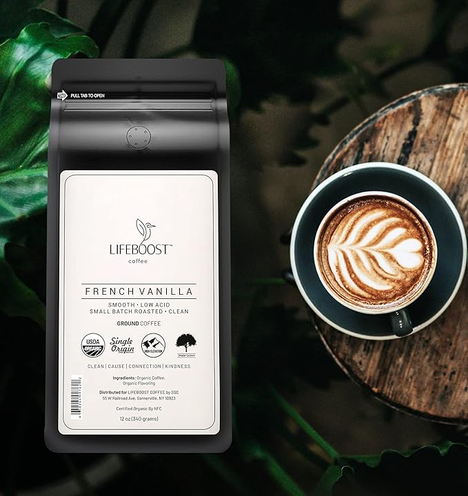Lifeboost French Vanilla Ground Coffee - Non-GMO Low Acid Single Origin USDA Organic Coffee - Third Party Tested For Mycotoxins & Pesticides - 12 Ounces