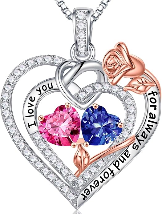 Iefil Valentines Day Gifts for Her - 925 Sterling Silver Double Birthstone Necklace, Anniversary Birthday Gifts for Women, Jewelry Gift for Wife Girlfriend Mom Her
