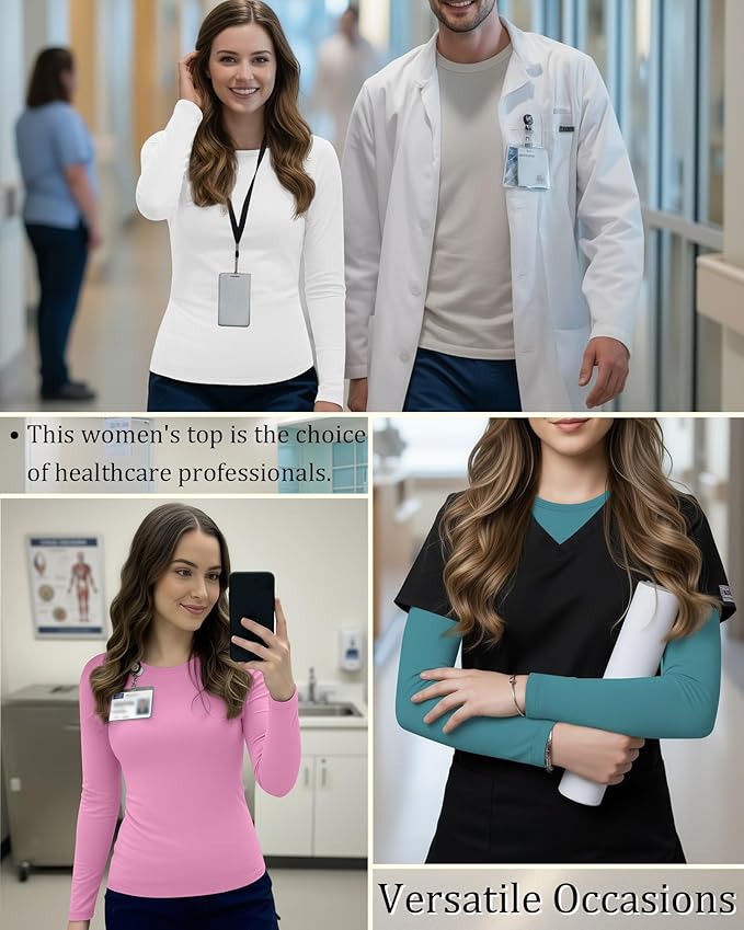 3 Pack Women's Underscrub Shirts Long Sleeve Thermal Scrub Undershirts Nurse Crew Neck Slim Fit Fleece Top Basic Tee