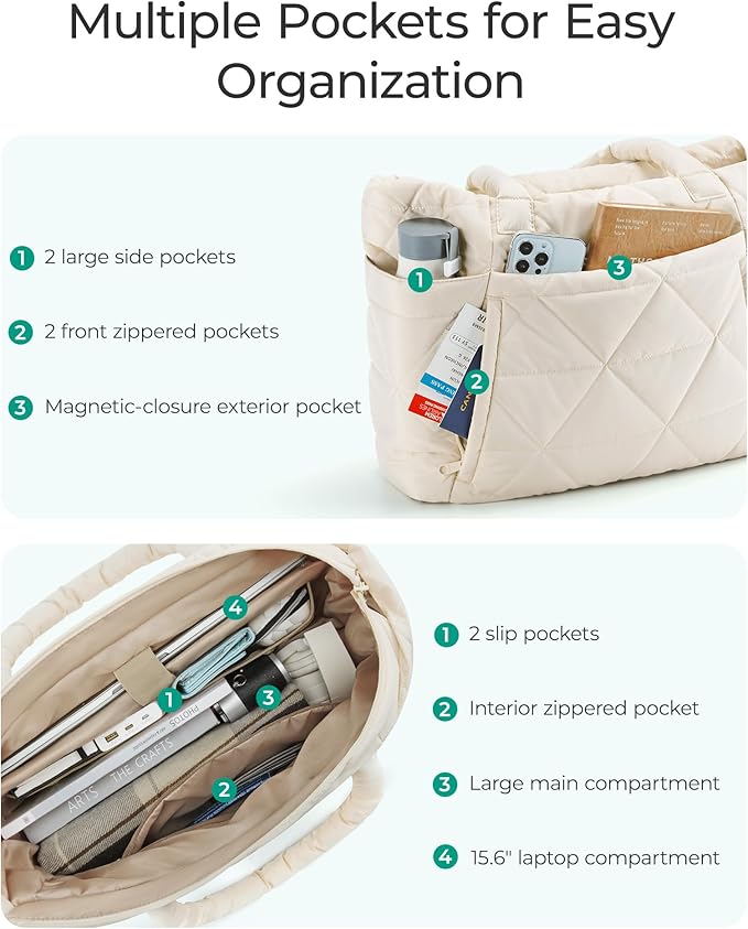 BAGSMART Tote Bag for Women, Puffy Tote Bag with Zipper, Large Quilted Shoulder Bag with Compartments for Travel, Work, Gym