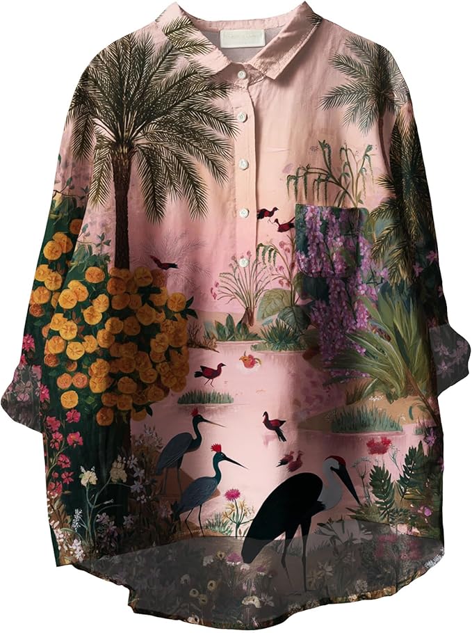 Womens Boho Tops 3/4 Long Sleeve Floral Blouses Hawaii Beach Button Down Shirts V Neck Pullover Casual Tunics