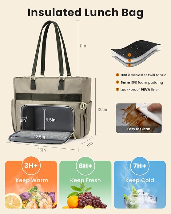 LOVEVOOK Lunch Tote Bag for Women, Work Bag with Insulated Lunch Compartment Laptop Bag Large Lunch Bag for Teacher, Daily