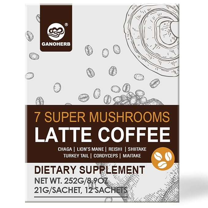 GANOHERB 7 in 1 Mushroom Coffee Mix, Instant Latte Coffee Blend Nootropic Cafe Complex with Reishi, Lion’s Mane, Chaga, Turkey Tail, Maitake, Cordyceps for Energy Focus Immune Boost (10 Servings)