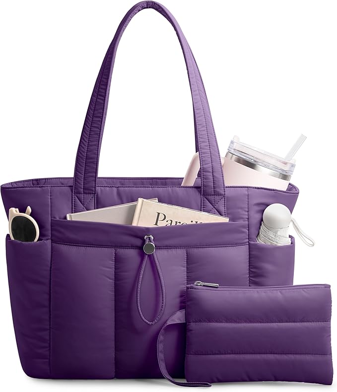 TOPDesign Puffy Tote Bag for Women with Cup Holder & Laptop Compartment & Cosmetic Bag & Trolley Sleeve for Work, Travel