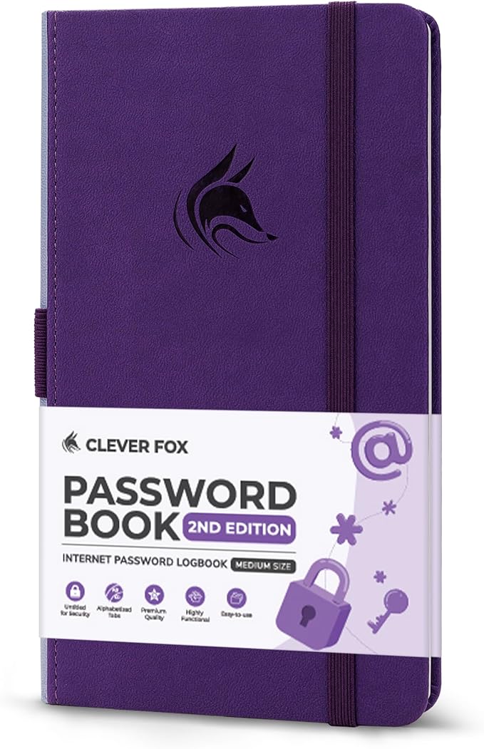 Clever Fox Password Book 2nd Edition – Hardcover Password Keeper with Alphabetical Tabs – Internet Address Notebook & Login Details Organizer Journal – 4.1x7.6” (Purple)