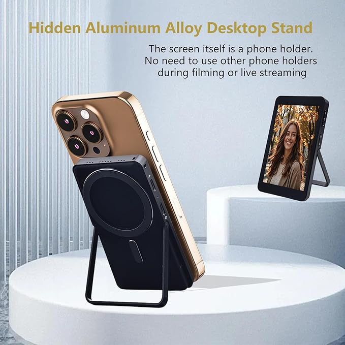 Touchscreen Phone Selfie Monitor Screen, 1080P Wireless Back Camera Selfie Monitor with Focus Adjustment, Audio Sync, Photo Button and Aluminum Stand for Vlog Live Stream TikTok (Touch Black)