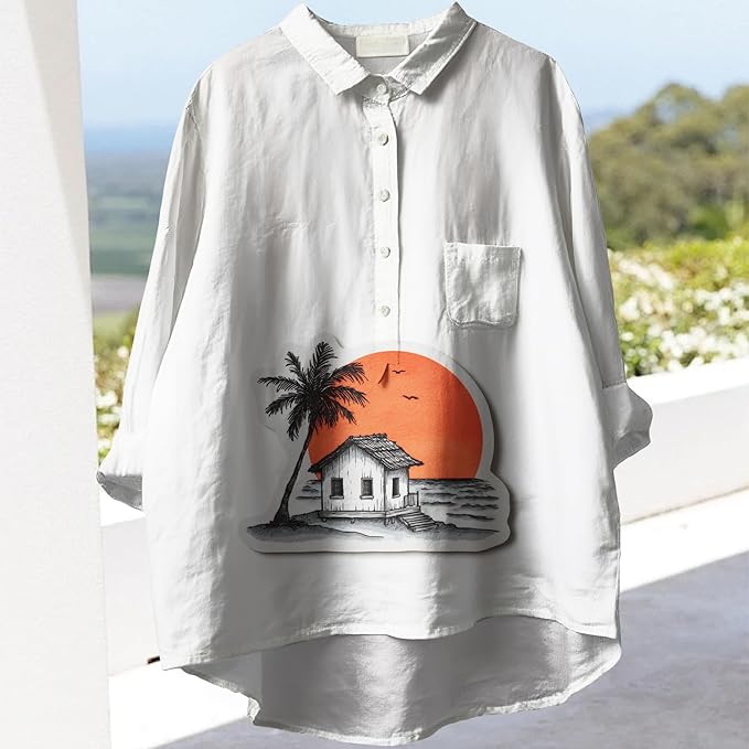 Womens Boho Tops 3/4 Long Sleeve Floral Blouses Hawaii Beach Button Down Shirts V Neck Pullover Casual Tunics