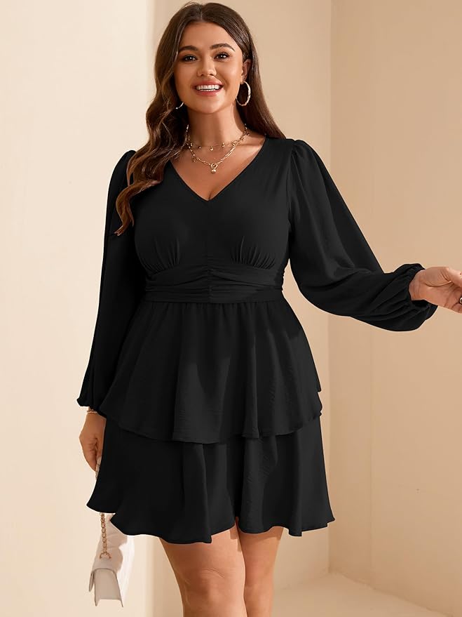 RWJ Plus Size Dresses for Curvy Women V Neck Long Sleeve Elastic Waist Fall Wedding Guest Layer Casual Mini Dress