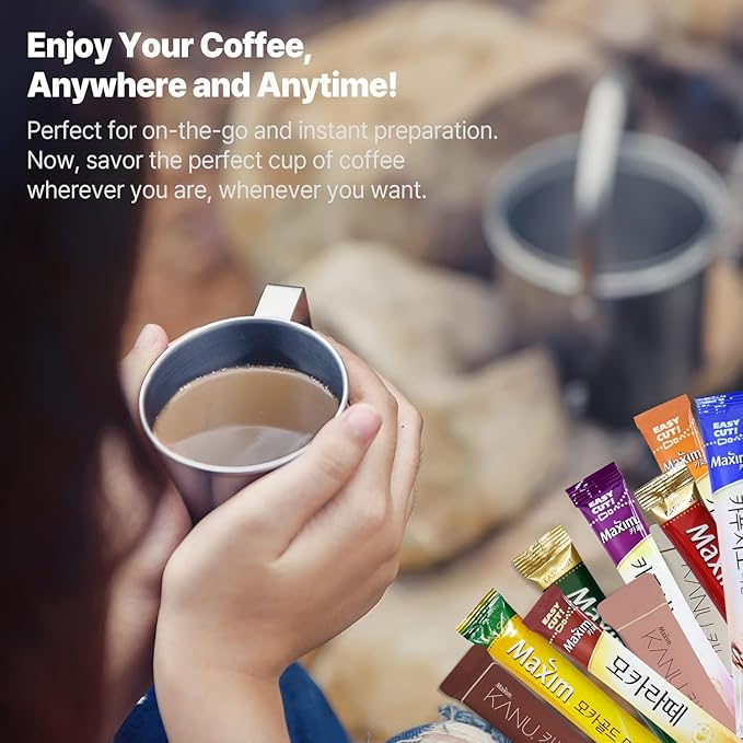 CUTIE MANGO Instant Coffee Mix Packets Single Serve - Korean Variety Coffee Sampler 20 Sticks of 4 Different Flavors, Maxim White, Mocha Gold, Original, Decaf (5 Sticks Each)