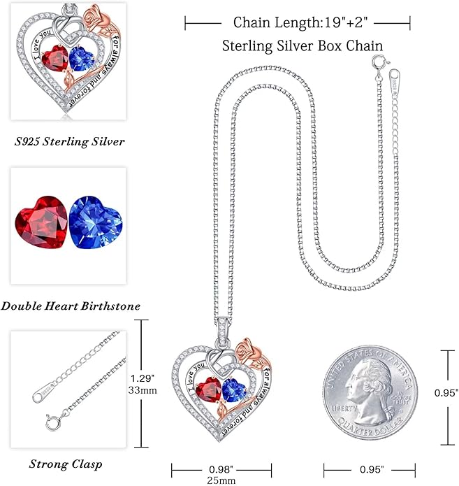 Iefil Valentines Day Gifts for Her - 925 Sterling Silver Double Birthstone Necklace, Anniversary Birthday Gifts for Women, Jewelry Gift for Wife Girlfriend Mom Her