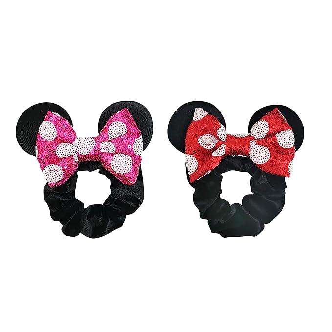 Styla Hair 2pk Mouse Ear Scrunchies for Kids Velvet Hair Bow Scrunchies for Women - Sparkle Sequins Mouse Hair Bands for Pony Tail (Red Pink Polka Dot)