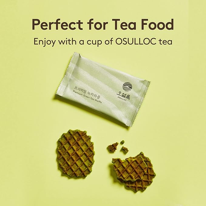 OSULLOC Premium Green Tea Waffles (2.54oz, 72g) | Korean Matcha Flavored Snacks | Asian Snacks, Premium Tea Food