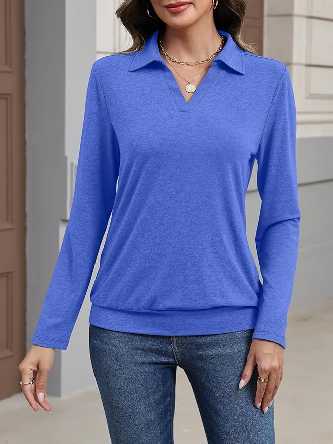 Womens Polo Shirts Long Sleeve Banded Bottom Tops Business Casual Tops Collared V Neck Blouses