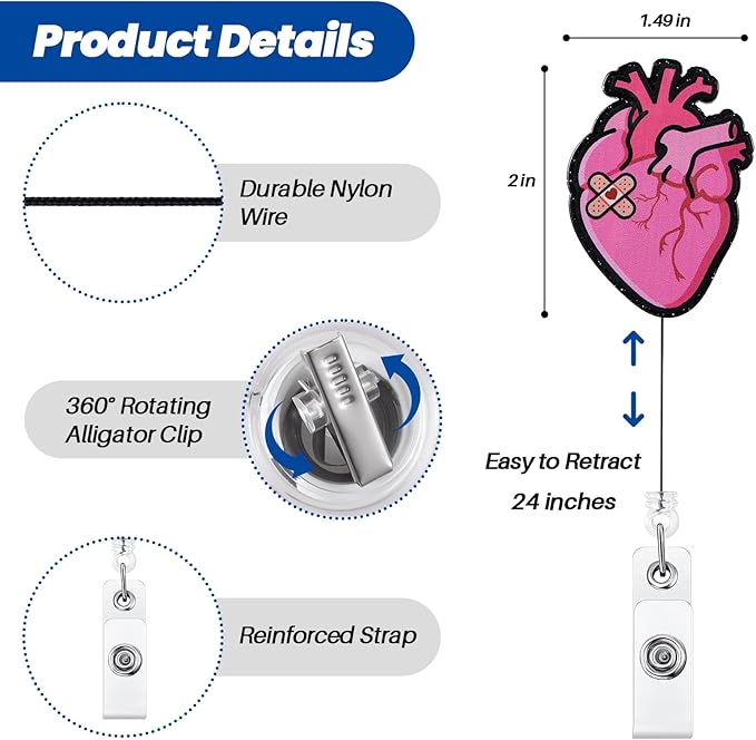 Cute Cardiac Nurse Badge Reel, Funny Heart Retractable ID Card Medical Badge Holder, Name Tag Badge Clip for RN CNA MA ICU/CCU CCM CTS Card Critical Care Nurse Nursing Cardiologist Doctor Student