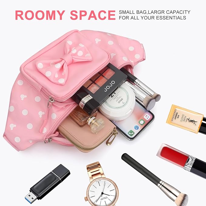 Pink Fanny Pack for Women Teen Girls Mini Mouse Fanny Pack Cute Bowknot Polka Dot Waist Pack Outdoor Travel Waist Bag Cartoon Hiking Belt Bag Bum Bags with Mouse Ears