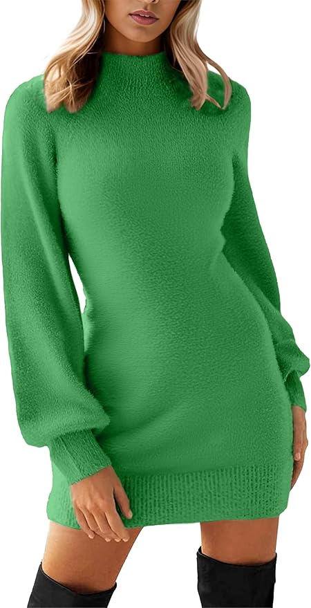 GRECERELLE 2026 Women's Mock Neck Ribbed Long Sleeve Bodycon Pullover Cute Mini Sweater Dress (XS-2XL)