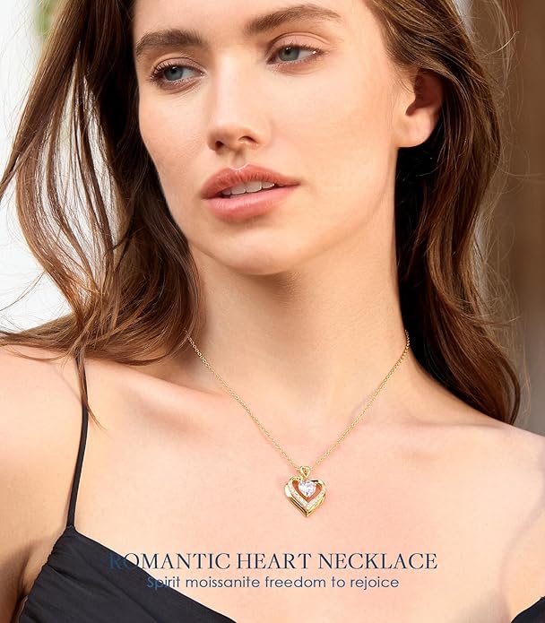 Beam & Bask 2-3 Ct Moissanite Double Heart Pendant Necklaces for Wife, 18K Gold Plated S925 Silver Jewelry for Women Girlfriend Mom Her on Anniversary Birthday