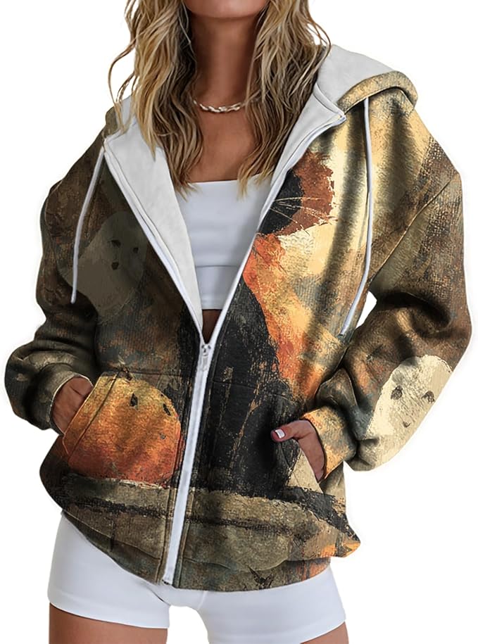 domirica Halloween Hoodie Lightweight Zip Hoodies For Women Fall Casual Vintage Sweatshirt Casual Wear Fashion Outfits