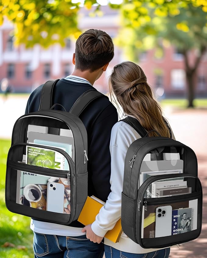 KIMNERPU Clear Backpack, Heavy Duty Transparent Bookbag for School, Fabric & PVC Transparent Backpack with Reinforced Strap for Women Men, Capacity Clear Bag for College, Travel, Security, Black