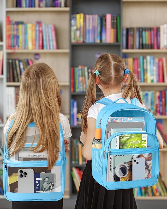 KIMNERPU Clear Backpack, Heavy Duty Transparent Bookbag for School, Fabric & PVC Transparent Backpack with Reinforced Strap for Women Men, Capacity Clear Bag for College, Sky Blue