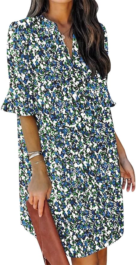 QACOHU Summer Dresses for Women V Neck Ruffle Short Sleeve Casual Shift Dress