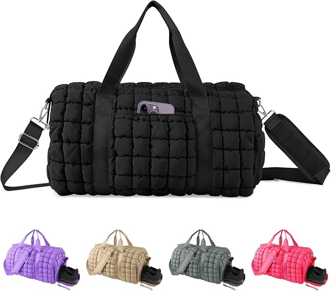 Quilted Travel Duffle Bag Gym Bag for Women,Large Puffer Duffle Weekender Bag with Compartment,Workout Overnight Carry on Organizer Bag Duffle Bag for Airplane Travel(L-Black)