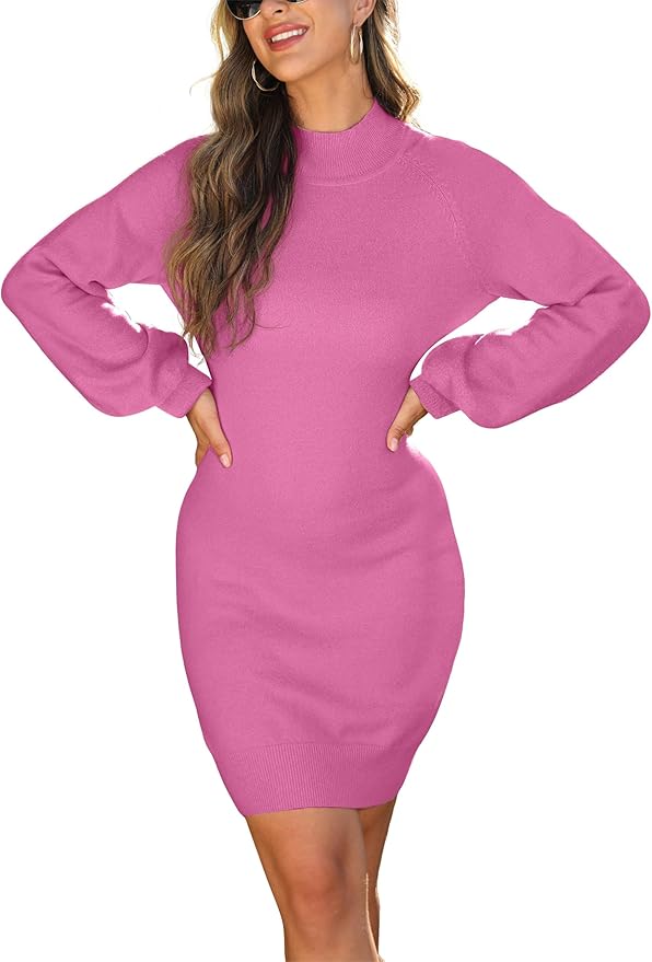 GRECERELLE 2026 Women's Mock Neck Ribbed Long Sleeve Bodycon Pullover Cute Mini Sweater Dress (XS-2XL)