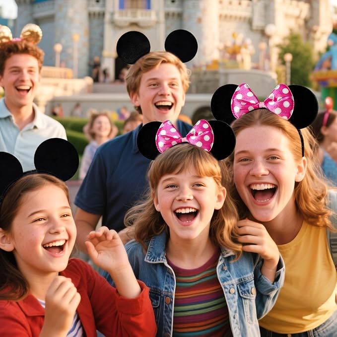 MADO 2 pack mouse ears headbands for adults women little girls boys (black fuchsia polla dot, onesize)