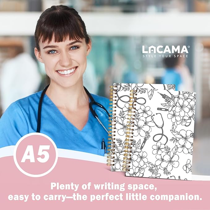 Lacama Nurse Gifts for Women, Nurse Notebook Journal, Gifts for Nurses Coworker, Appreciation Christmas Gift, Nurse Graduation Gift, Nursing School Essentials, A5 Stethoscope Flower Spiral Notebook