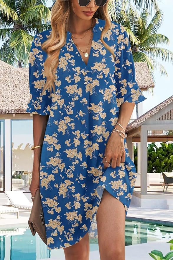 QACOHU Summer Dresses for Women V Neck Ruffle Short Sleeve Casual Shift Dress