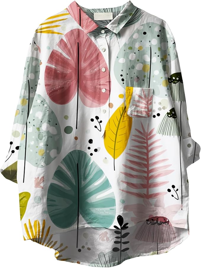 Womens Boho Tops 3/4 Long Sleeve Floral Blouses Hawaii Beach Button Down Shirts V Neck Pullover Casual Tunics