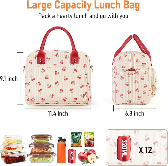 Lunch Bag Large Insulated Lunch Box for Women Men Adult Cute Cherry Lunchbox Corduroy Lunch Bags Boxes Pail with Shoulder Strap for Work Mom Picnic Office Travel 11.4×6.8×9.1 inches 11.5L