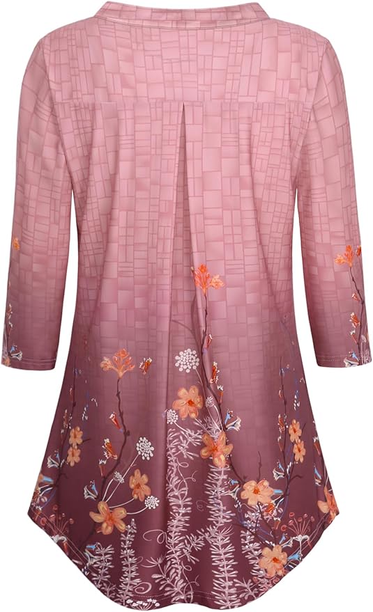 BAISHENGGT 3/4 Sleeve Tops for Women Notch V Neck Floral Work Blouses Dressy Casual Loose Fit Going Out Tunic Tops