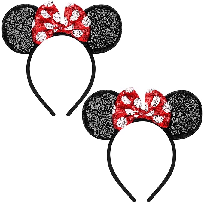 Sotaila 2 Pack Red Mouse Ears Headbands for Women Girls, Sequin Bow Headband for Cosplay Costume Birthday Party Decorations Hair Accessories