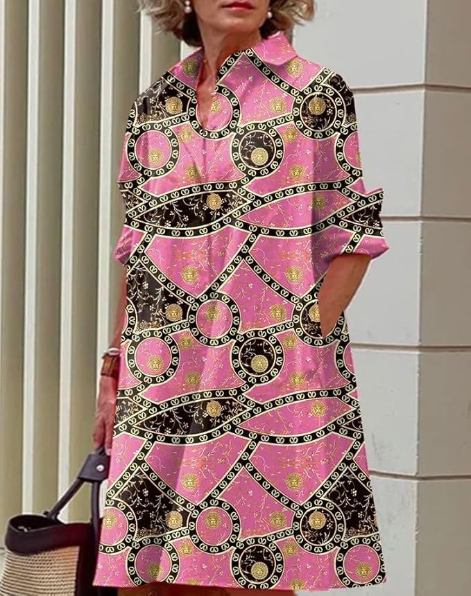 Womens 2025 Long Sleeve Button Down Shirt Summer Dress Casual V Neck Loose Fit Midi Shirt Dresses with Pockets