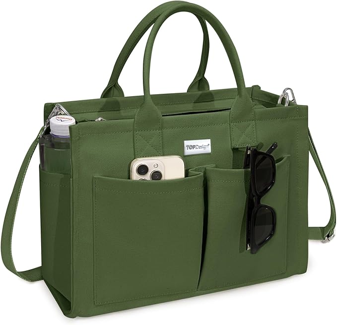 TOPDesign Heavy-Duty Canvas Tote Bag for Women, Adjustable Crossbody/Shoulder Handbag with 9 Pockets, Everything Tote