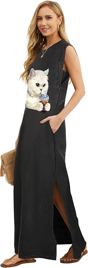 GRECERELLE 2026 Women Year-Round Casual Round Neck Loose Split Wrinkle-Free Long Maxi Vacation Dress with Pockets (XXS-4XL)