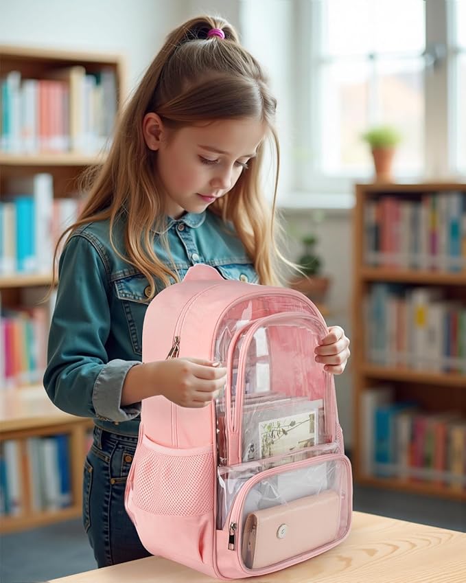 KIMNERPU Clear Backpack, Heavy Duty Transparent Bookbag for School, Fabric & PVC Transparent Backpack with Reinforced Strap for Women Men, Capacity Clear Bag for College, Travel, X-Large Pink